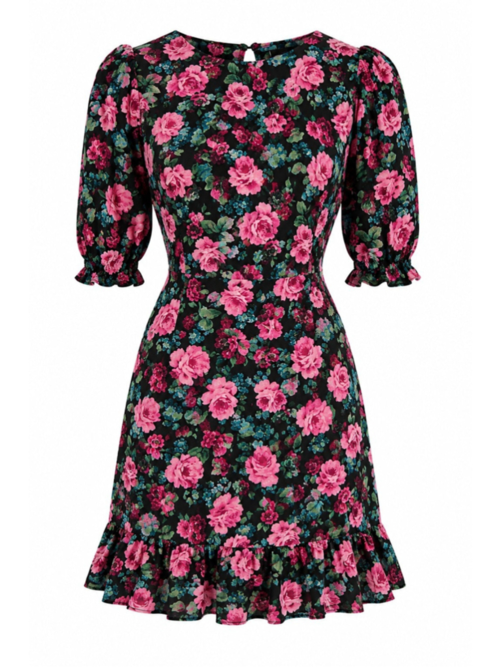 Nobody's Child Floral Mini Dress Black Pink Rose Print Puff Sleeve Sz 4 Prairie